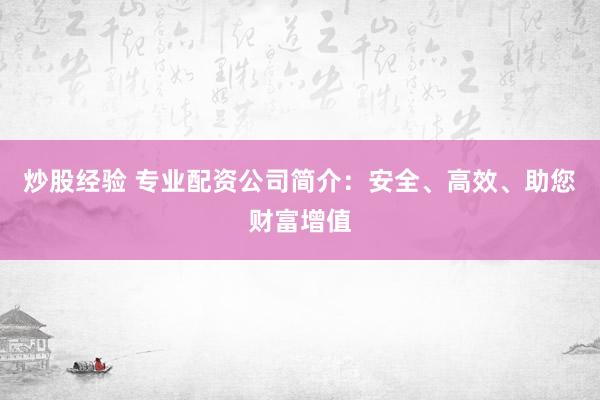 炒股经验 专业配资公司简介：安全、高效、助您财富增值